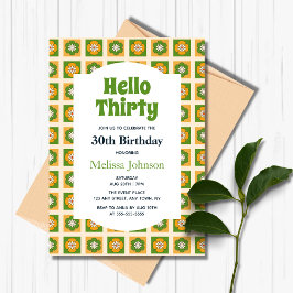 Invitación Retro Daisy Flower Checkered Hola Treinta Cumpleañ