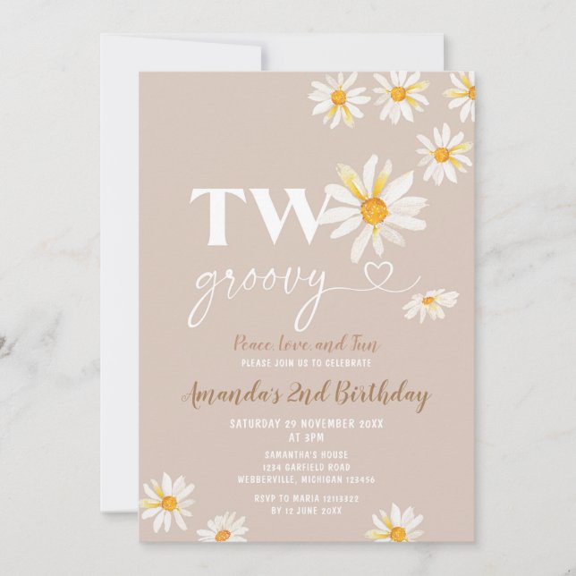 Invitación Retro Daisy Flowers Two Groovy Birthday Party (Anverso)