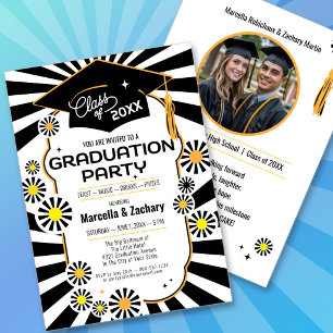 Invitación Retro Daisy Foto Negro Blanco Amarillo Graduación