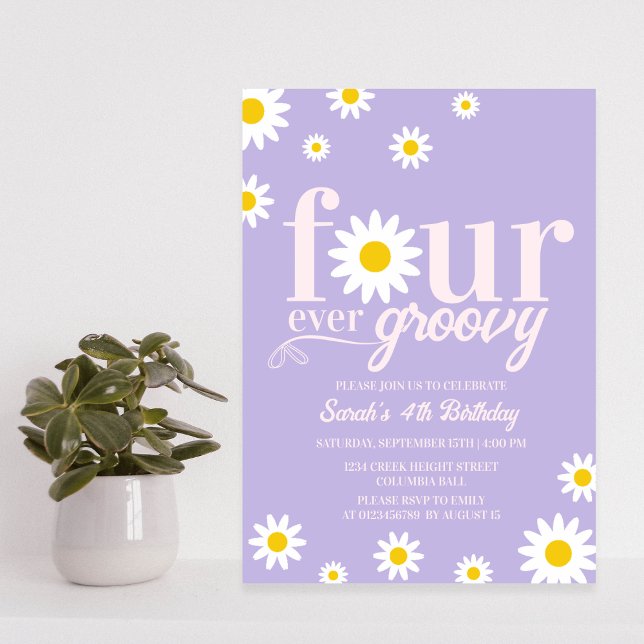 Invitación Retro Daisy Four Ever Groovy Purple 4º Cumpleaños (Subido por el creador)