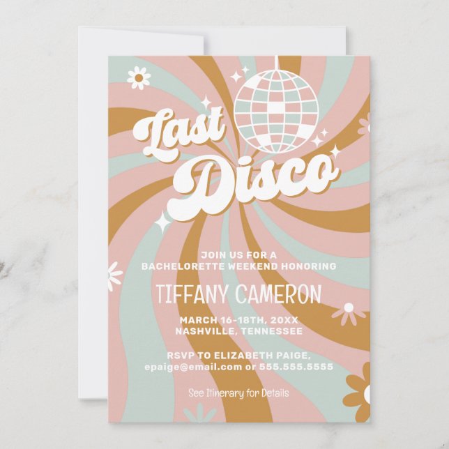 Invitación Retro Daisy Last Disco Bachelorette Weekend (Anverso)