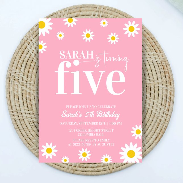 Invitación Retro Daisy Rosa y Blanco Mínimo 5 cumpleaños (Subido por el creador)