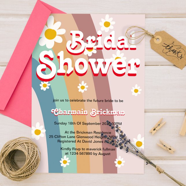 Invitación Retro Daisy ruidoso ducha de novia arcoiris rosa (Subido por el creador)