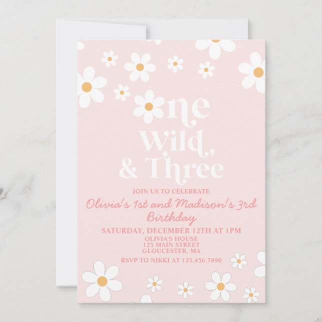 Invitación Retro Daisy Uno Salvaje y Tres Cumpleaños (Anverso)