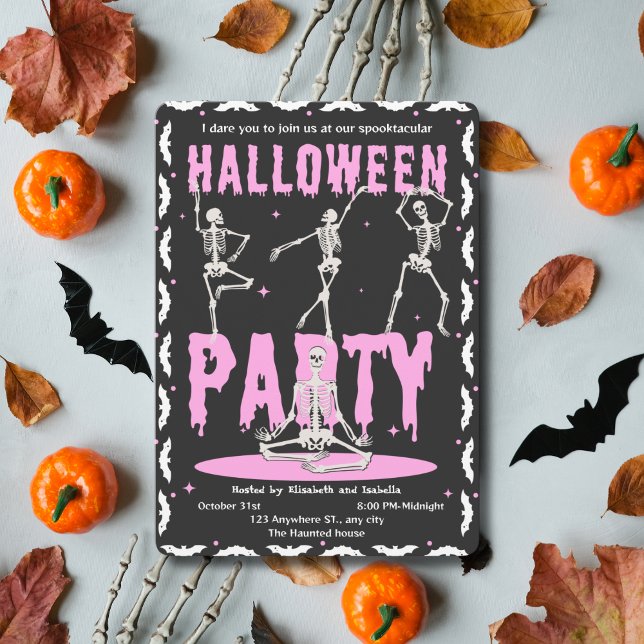Invitación Retro Dancing Skeleton Pink+Black Halloween Party (Subido por el creador)