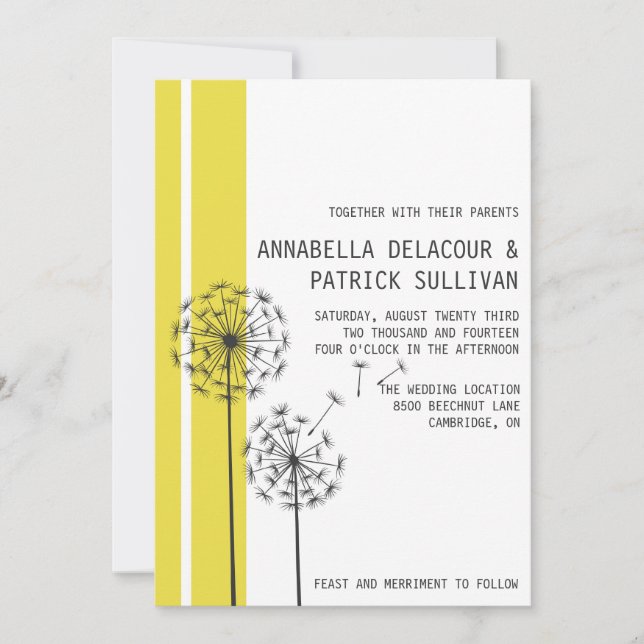 Invitación Retro Dandelions Boda Minimalista amarillo (Anverso)