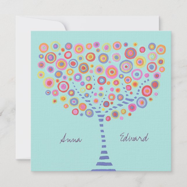 Invitación retro de árbol de círculo de agua azul  (Anverso)
