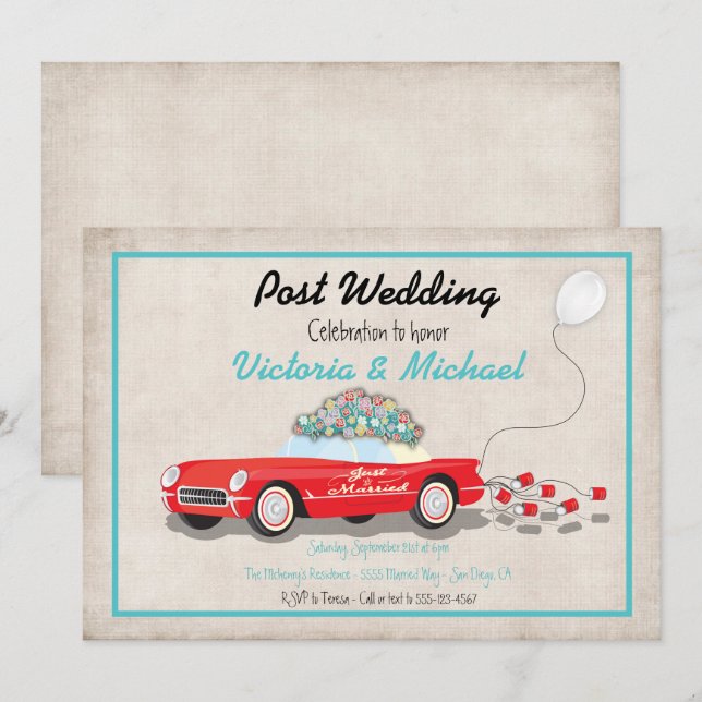 Invitación Retro de Coche de Bodas Casados (Anverso / Reverso)