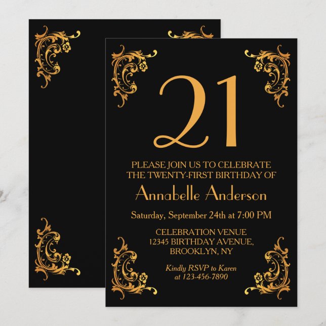 Invitación Retro de cosecha negra de oro moderno Glam de cump (Anverso / Reverso)