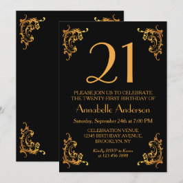 Invitación Retro de cosecha negra de oro moderno Glam de cump