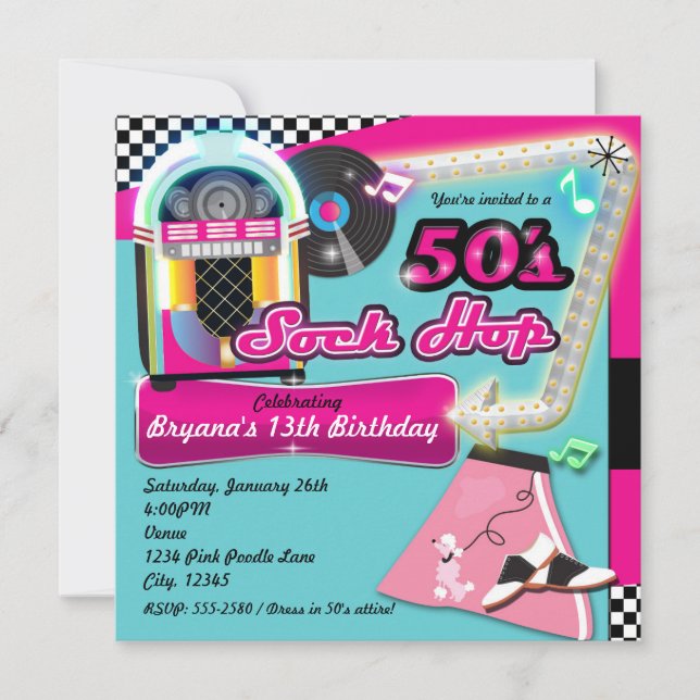 Invitación Retro de Cumpleaños SOCK HOP de los 50 (Anverso)