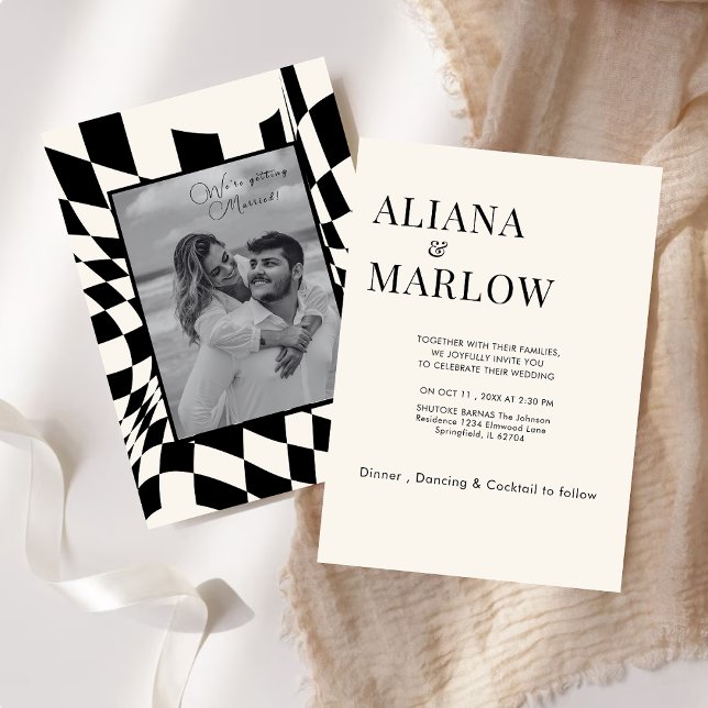 Invitación Retro de dinero viejo boda a cuadros negros y blan (Subido por el creador)