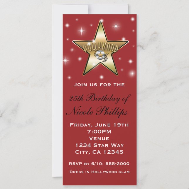 Invitación Retro de Estrella de Hollywood Roja y D (Anverso)