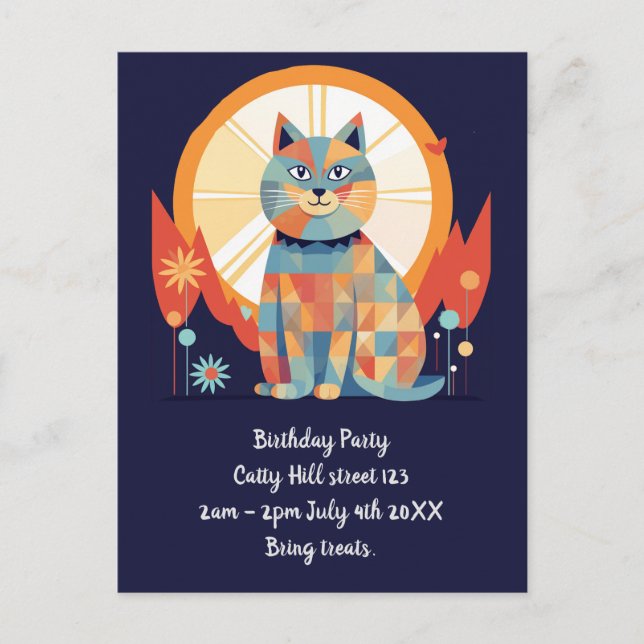 Invitación Retro de Gato para Fiesta (Anverso)