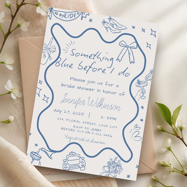 Invitación Retro de mano algo azul ducha de novia (Hand Drawn Retro Something Blue Bridal Shower Invitation)