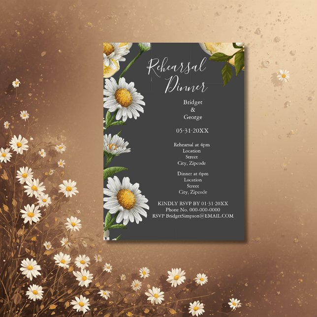 Invitación retro de negro Margaret flor cena de ensayo (Subido por el creador)