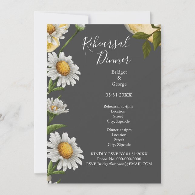 Invitación retro de negro Margaret flor cena de ensayo (Anverso)