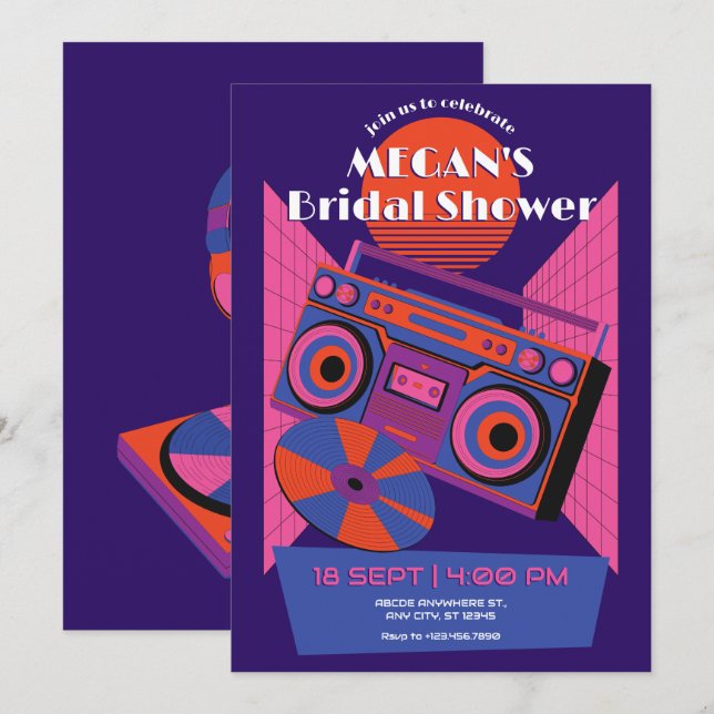 Invitación Retro de neón electroducha de novia (Anverso / Reverso)