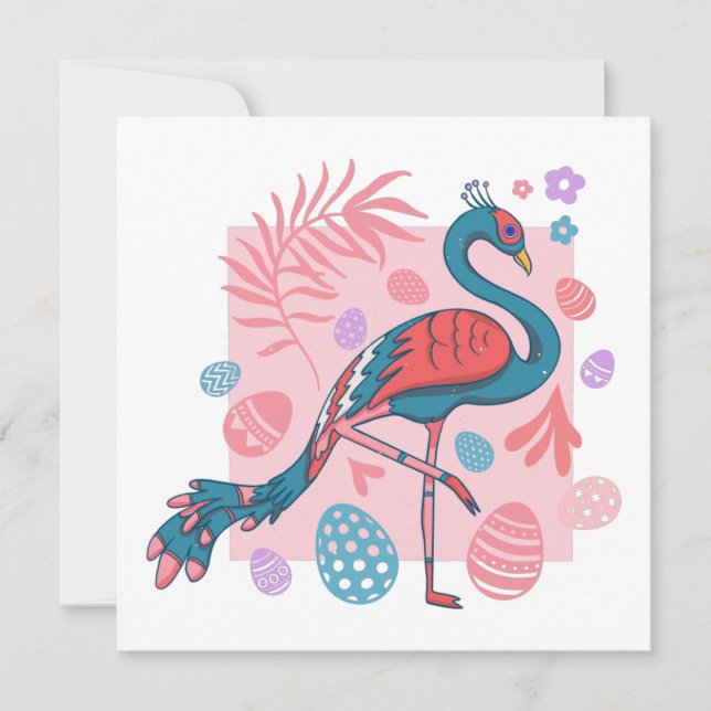 Invitación retro de pavo real de huevo de Pascua feliz (Anverso)