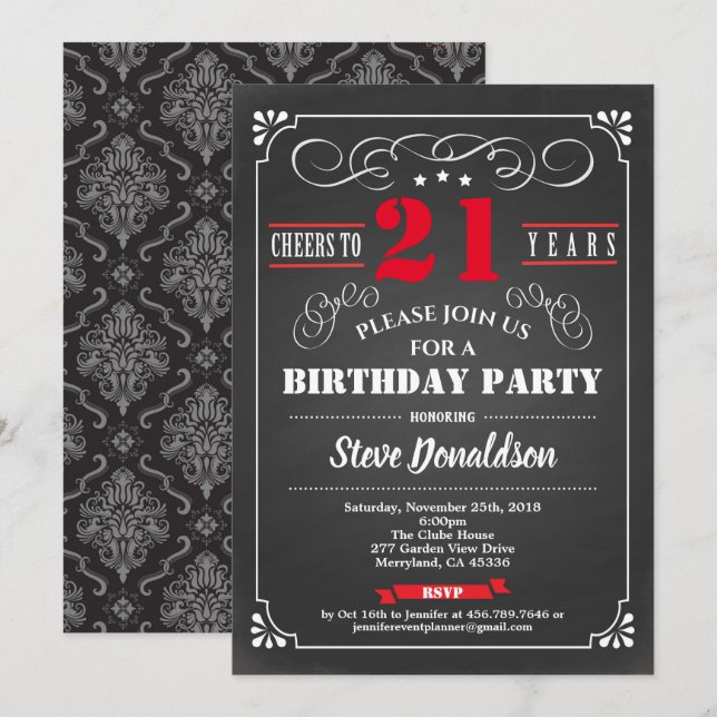 Invitación Retro de pizarra de fiesta de 21 años rojo (Anverso / Reverso)