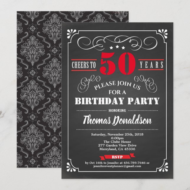 Invitación Retro de pizarra de tiza roja para 50 años (Anverso / Reverso)