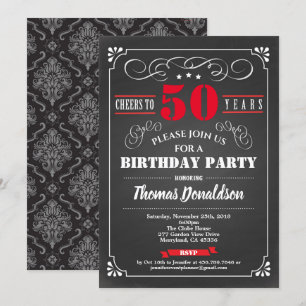 Invitación Retro de pizarra de tiza roja para 50 años