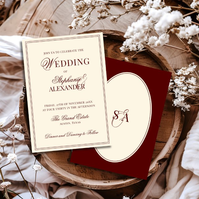 Invitación Retro Deep Burgundy Ivory Oval Old Money Wedding  (Subido por el creador)