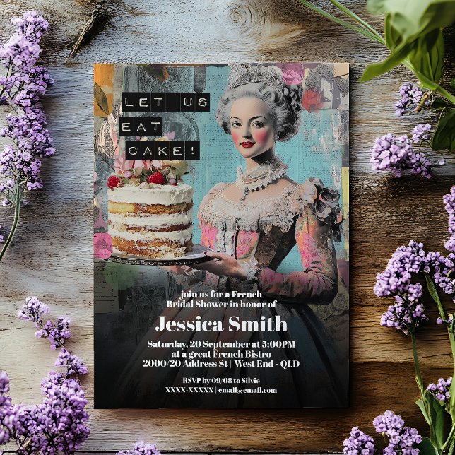 Invitación Retro Dejemos Comer Pastel - Ducha Nodal Francesa (Get ready to party like it's 1789! This playful invitation channels the ultimate queen of glam.)