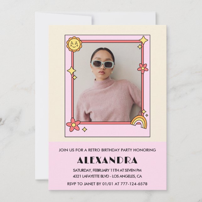 Invitación Retro del sol arcoiris Foto Rosa 36 cumpleaños (Anverso)