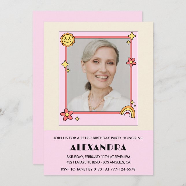 Invitación Retro del sol arcoiris Foto rosa cumpleaños 71 (Anverso / Reverso)