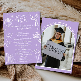 Invitación Retro Dibujado a Mano Lila Garabato Foto Graduació