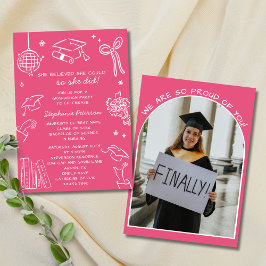 Invitación Retro Dibujo a Mano Rosa Garabato Foto Graduación