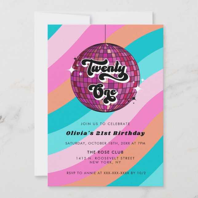 Invitación Retro Disco Ball Rosa 21 cumpleaños (Anverso)