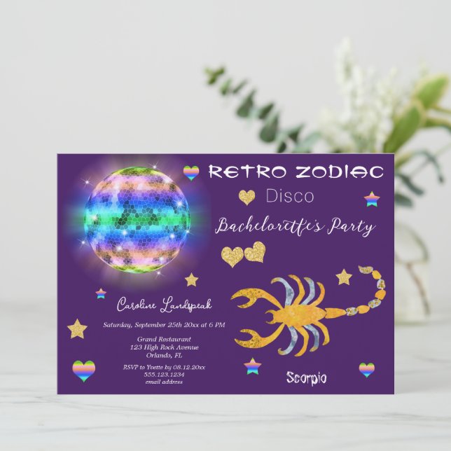 Invitación Retro Disco Escorpio Rótulo Zodiac Bachelorette (Anverso de pie)
