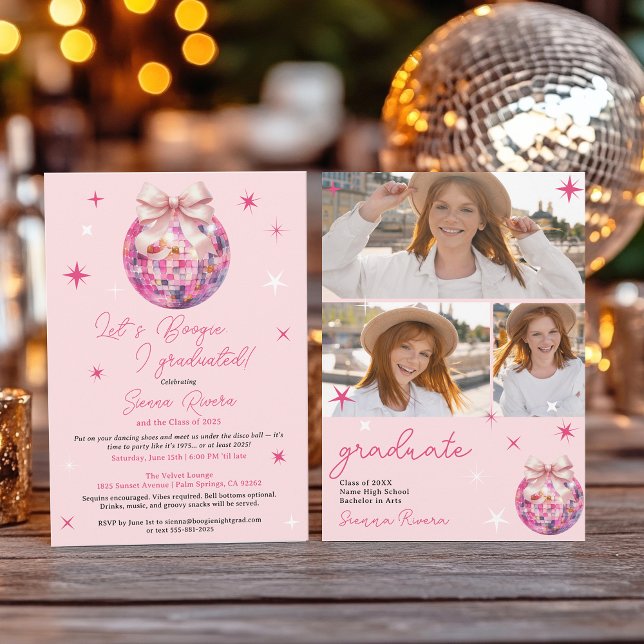 Invitación Retro Disco Rosa Bow 3 fotos Fiesta de graduación (Retro Disco Pink Bow 3 photos Graduation Party Invitation)