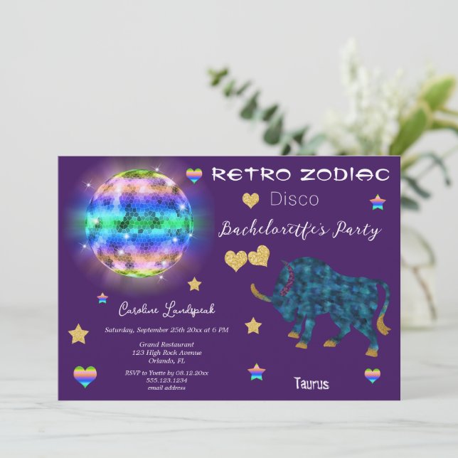 Invitación Retro Disco Taurus Zodiac Rótulo Bachelorette (Anverso de pie)