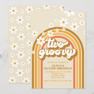 Invitación Retro Dos GroovY Arcoíris Marrón Naranja Cumpleaño