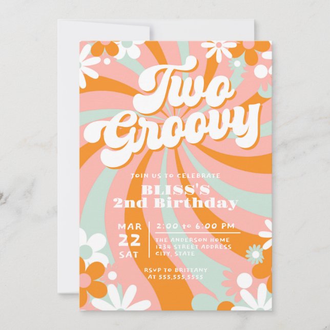 Invitación Retro Dos Groovy Segundo Cumpleaños (Anverso)