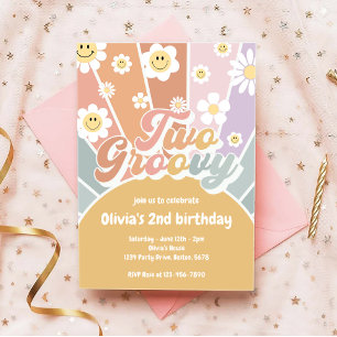 Invitación Retro Dos Groovy Sunshine Daisy Boho Segundo Cumpl