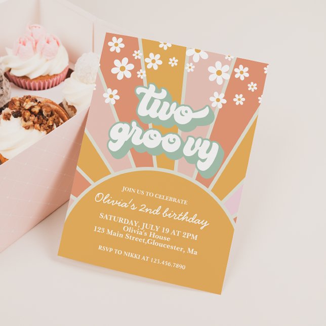 Invitación Retro Dos Groovy Sunshine margarita floral boho (Subido por el creador)