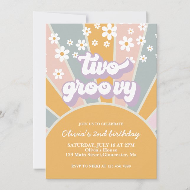 Invitación Retro Dos Groovy Sunshine margarita mor (Anverso)