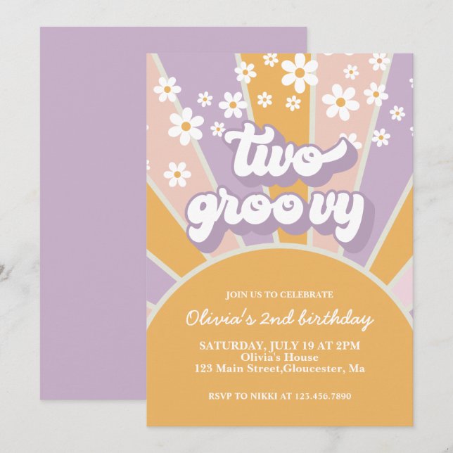 Invitación Retro Dos Groovy Sunshine margarita púrpura (Anverso / Reverso)