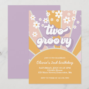 Invitación Retro Dos Groovy Sunshine margarita púrpura
