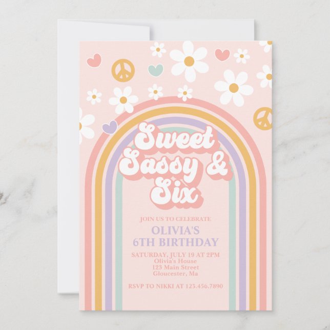 Invitación Retro Dulce Sassy Seis Cumpleaños 6 (Anverso)
