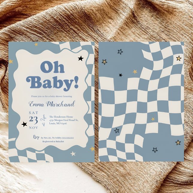 Invitación Retro Dusty Blue Checkered Oh Baby Baby Shower (Subido por el creador)