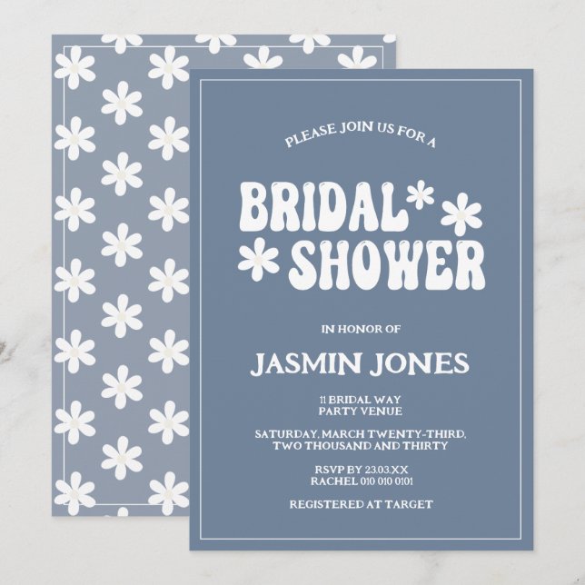 Invitación Retro Dusty Blue Daisy Flor Ducha de novia (Anverso / Reverso)
