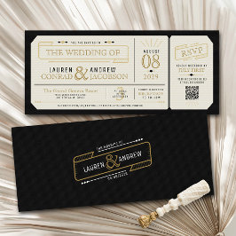 Invitación Retro Elegant Black & Gold Vintage Ticket Wedding
