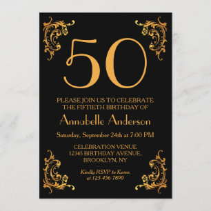 Invitación Retro elegante dorado de cosecha negra de 50 años