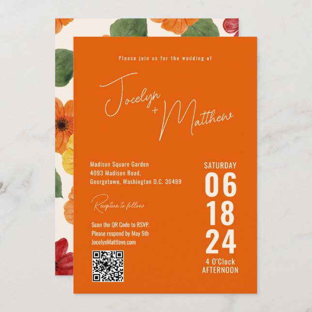 Invitación Retro Elegante Floral Moderno Naranja (Anverso / Reverso)