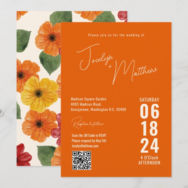 Invitación Retro Elegante Moderno Floral Naranja (Anverso / Reverso)